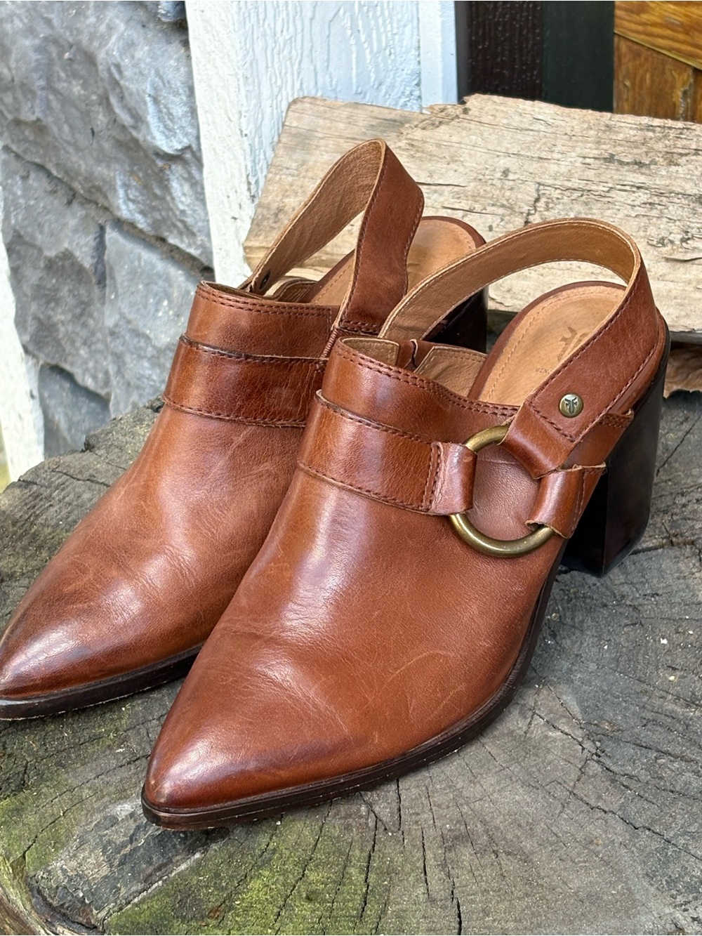 Frye Flynn Harness Womens Mules Brown/ Cognac Leather Size 7.5 Western Cowgirl